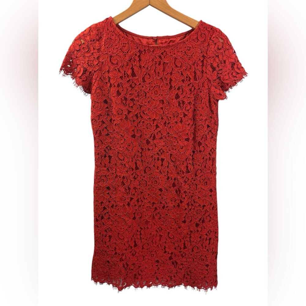 Zara Red Lace Dress Short Sleeve Lined Sheath Sz XS Cocktail Romantic Valentine